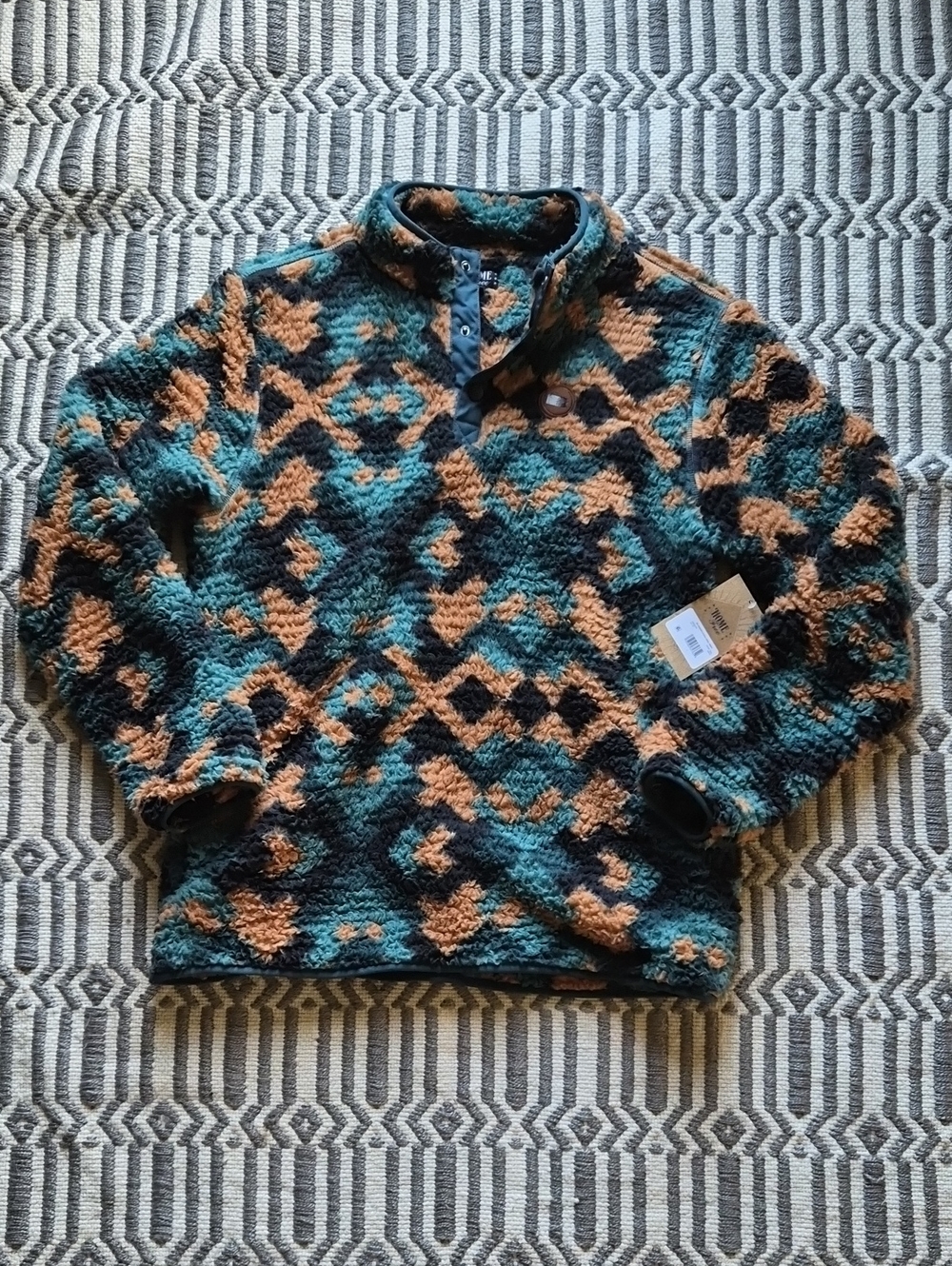 Men's Granola Style Pennsylvania Fleece Pullover Sweater Teal and Brown Pattern
